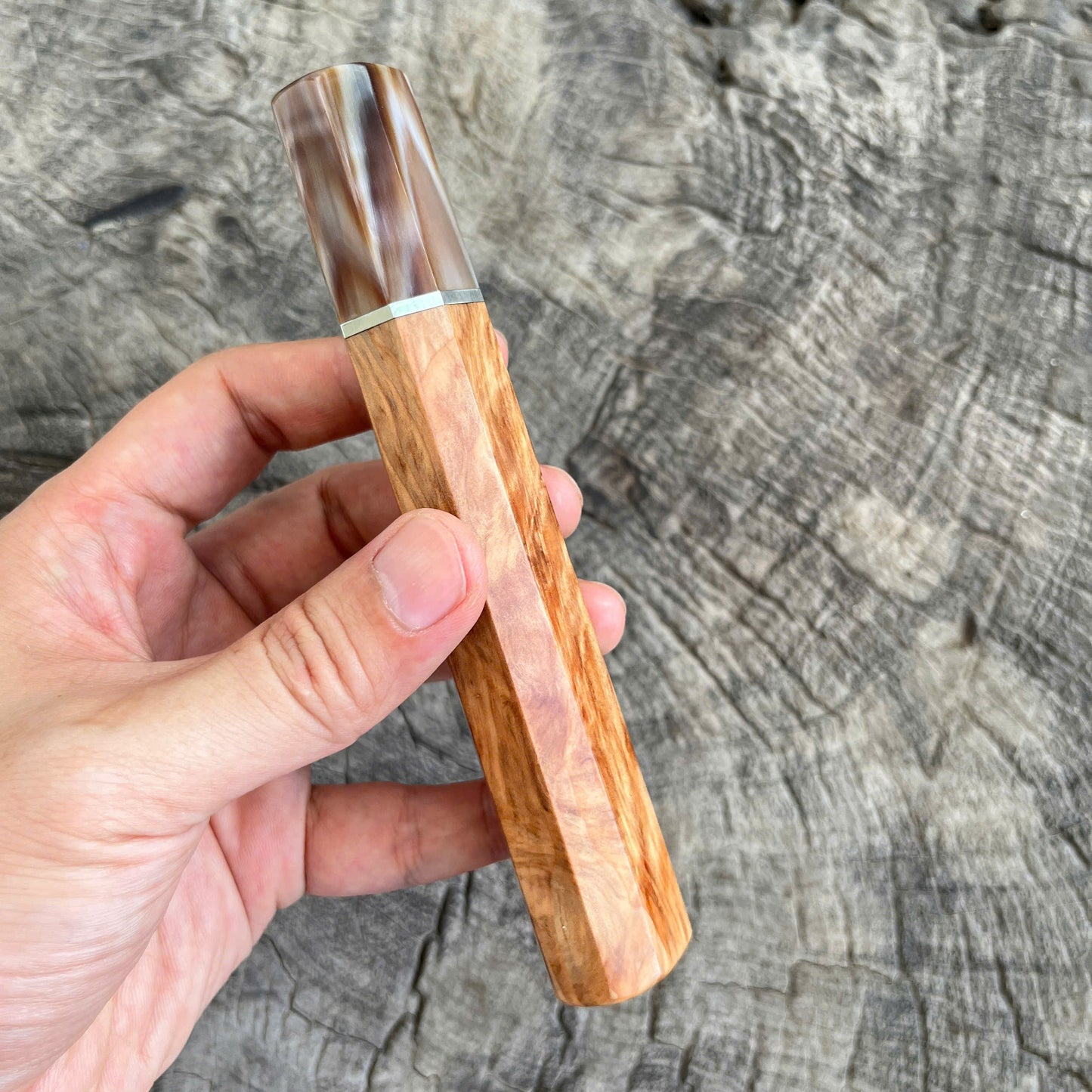 I - Rare Japanese Tamamoku Cedar Wa handle, Marble horn ferrule, Nickel spacer - 145 mm