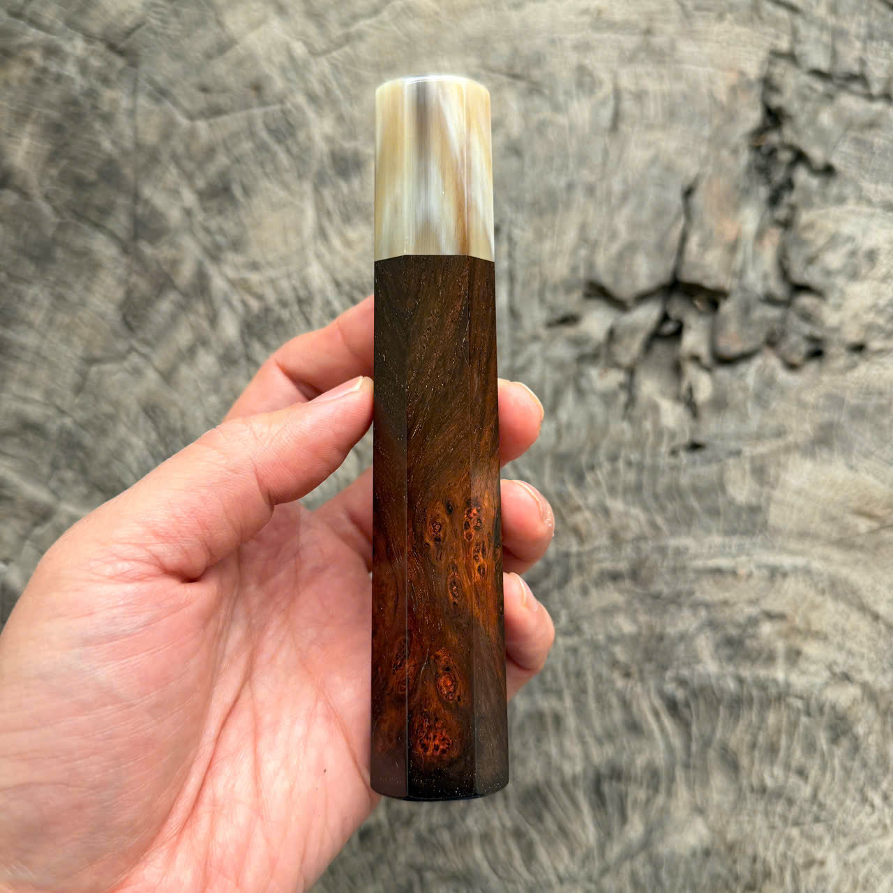 I - Super Rare Burl Siamese Rosewood handle, Cream horn ferrule, 140mm
