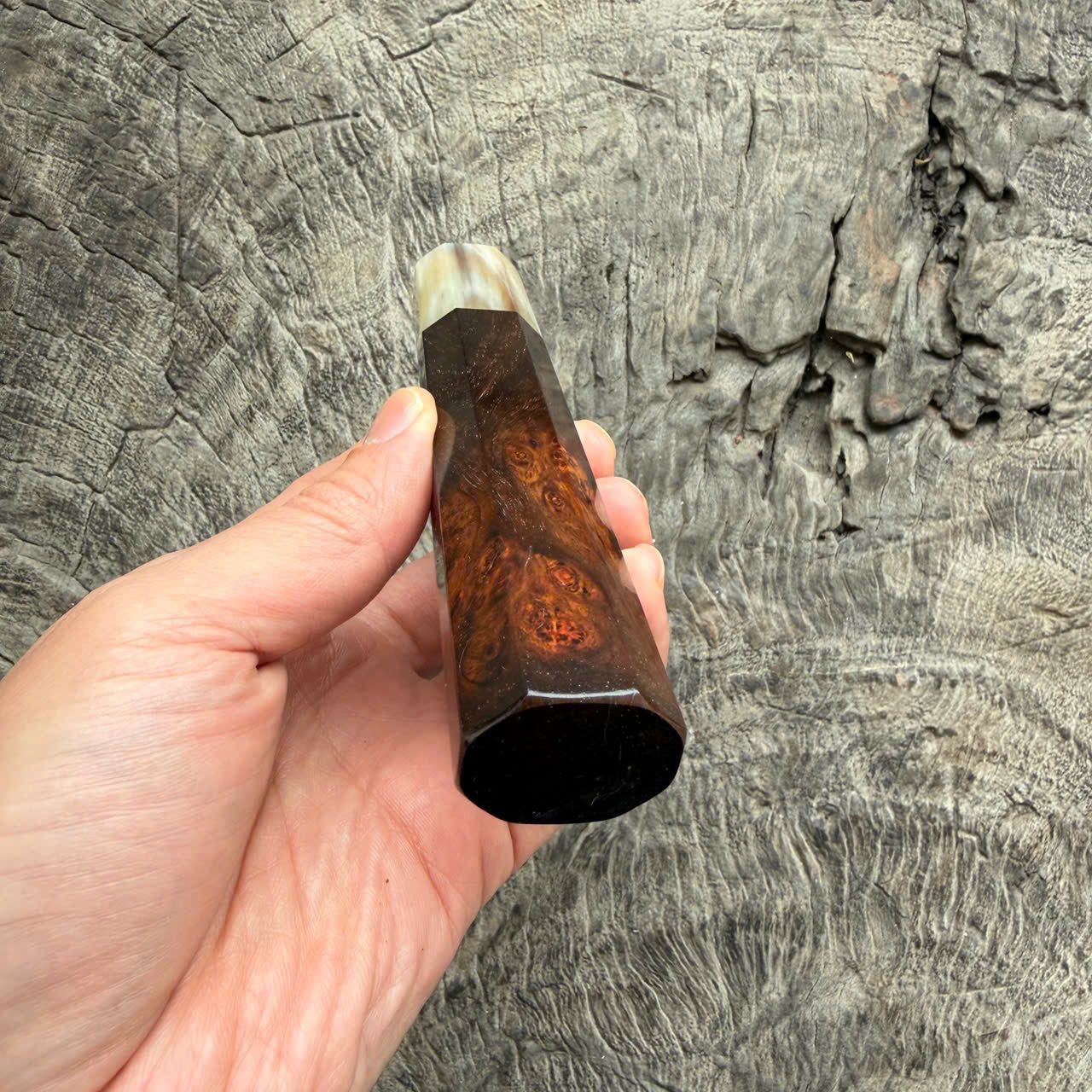 I - Super Rare Burl Siamese Rosewood handle, Cream horn ferrule, 140mm